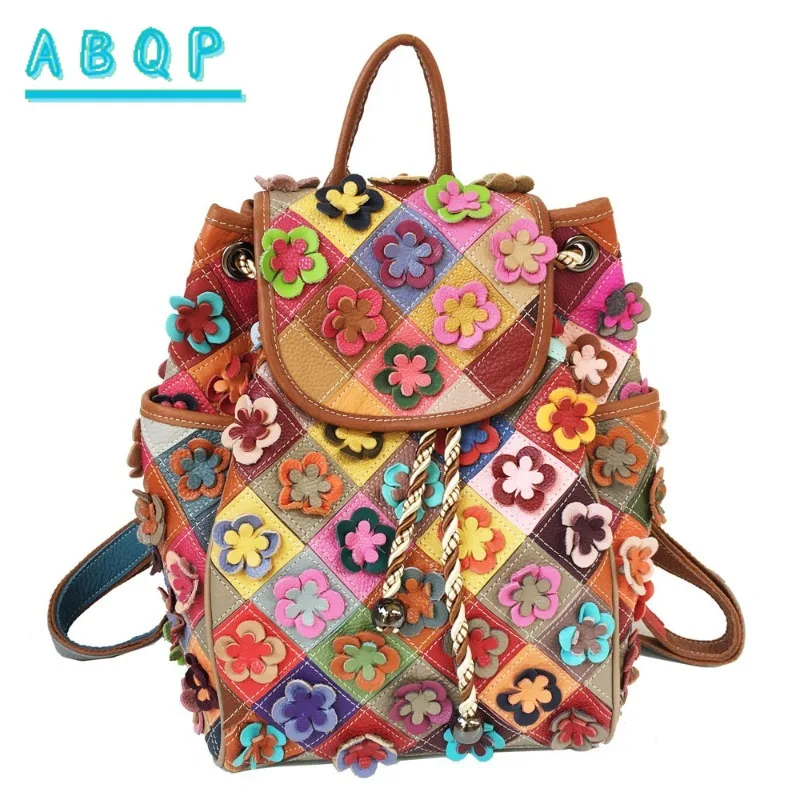 ABQP New Women's Backpack Luxury Brand Fashion Flower Color Backpack Genuine Leather Hand-stitched Casual Women's Backpack