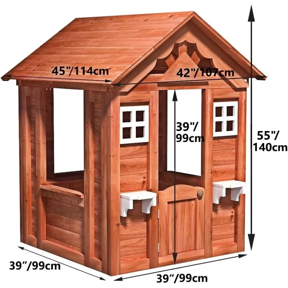 Wooden Playhouse for Garden, Outdoor Cottage Playhouse with Door, 2 Windows, 3 Serving Station, Shelf & Flowerpot Holder