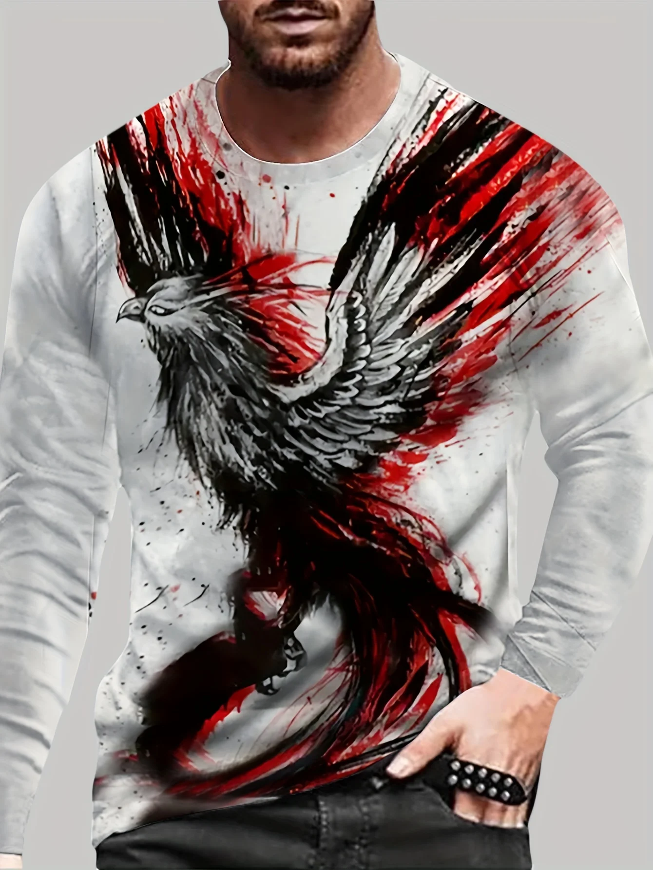 Fall Large Size Long Sleeve Men\'s Clothing T Shirt Cubic Animal Print O Neck Long Sleeve Top Casual Street Eagle Vintage Shirt