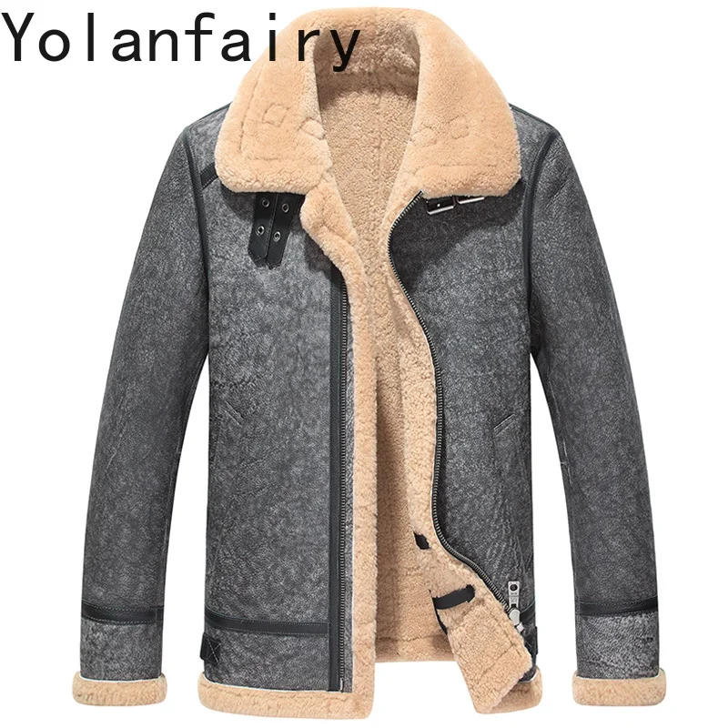 YOLANFAIRY معطف الفرو الطبيعي رجل شتاء دافئ الأغنام الحقيقية شيرلينغ الستر الرجال سترة جلدية حقيقية عادية Abrigo Piel Hombre