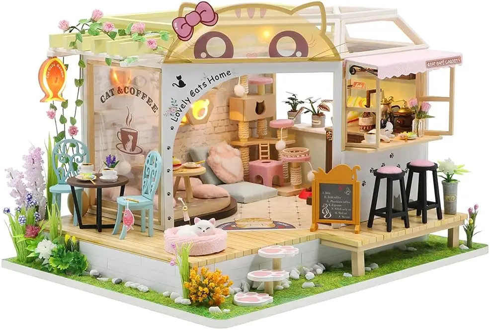 Dollhouse Miniature with Furniture, DIY Wooden Dollhouse Kit Plus Dust Proof, Creative Room Idea(Cat Coffee Garden)