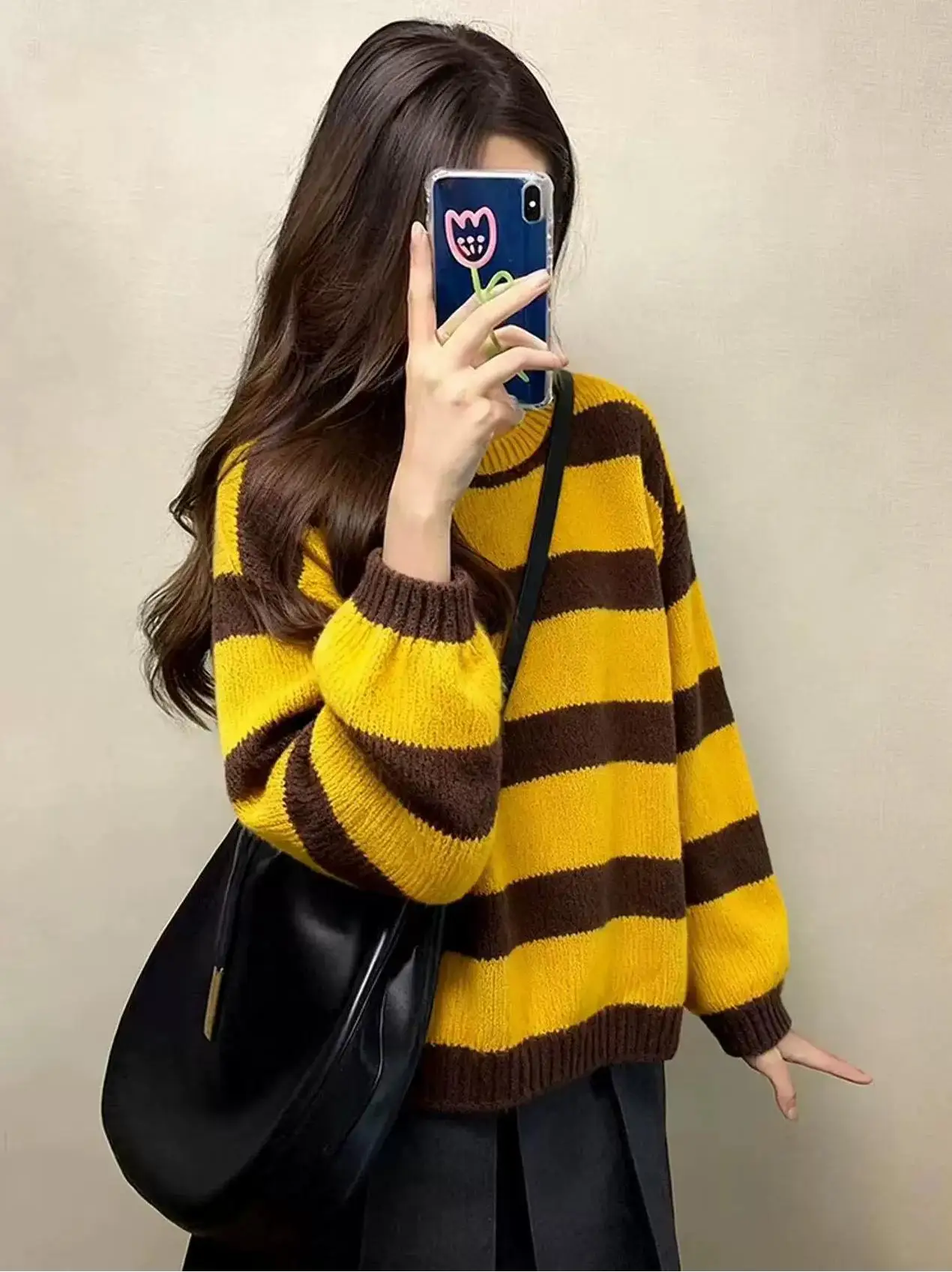 

Y2K Yellow & Brown Striped Sweater Women - Oversized Fuzzy Knit Pullover Loose Casual Long Sleeve Warm Sweater for Autumn Winter