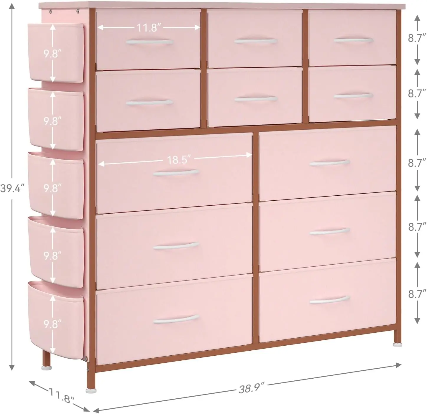 12 Drawer Fabric Dresser with Side Pockets & Hooks, Steel Frame & Wood Top | Spacious 12 fabric drawers, side pockets & hooks, sturdy metal frame wood top, adjustable floor feet, multi-room storage