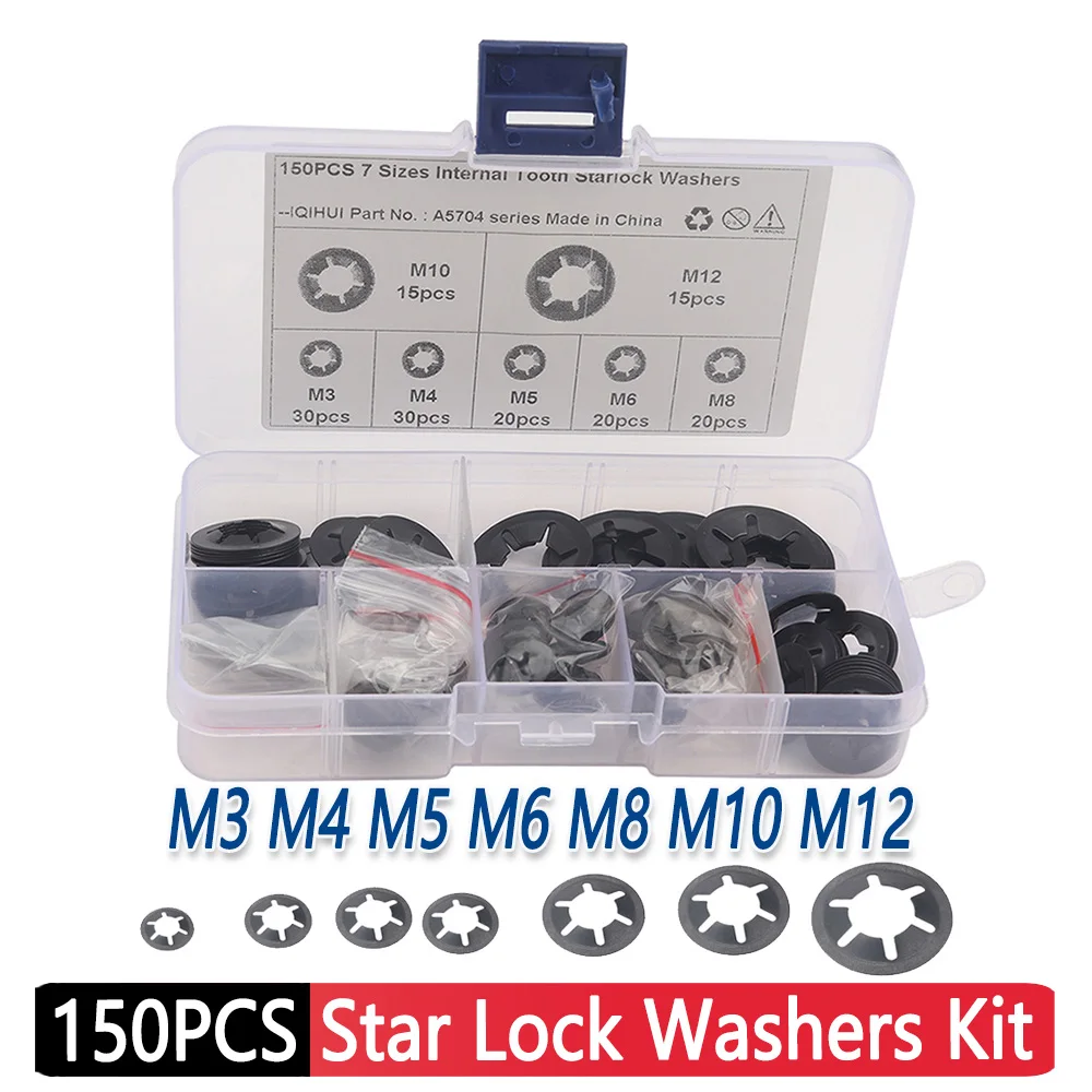 150Pcs Flat Washer Gasket Kit M3 M4 M5 M6 M8 M10 M12 Push Locking Star Lock Washers 65 Manganese Steel Assortment Kit