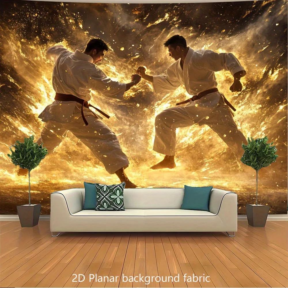 Karate Showdown Mid-Air Tapestry - Swirling Ink Shockwave & Golden Rim Lighting Design