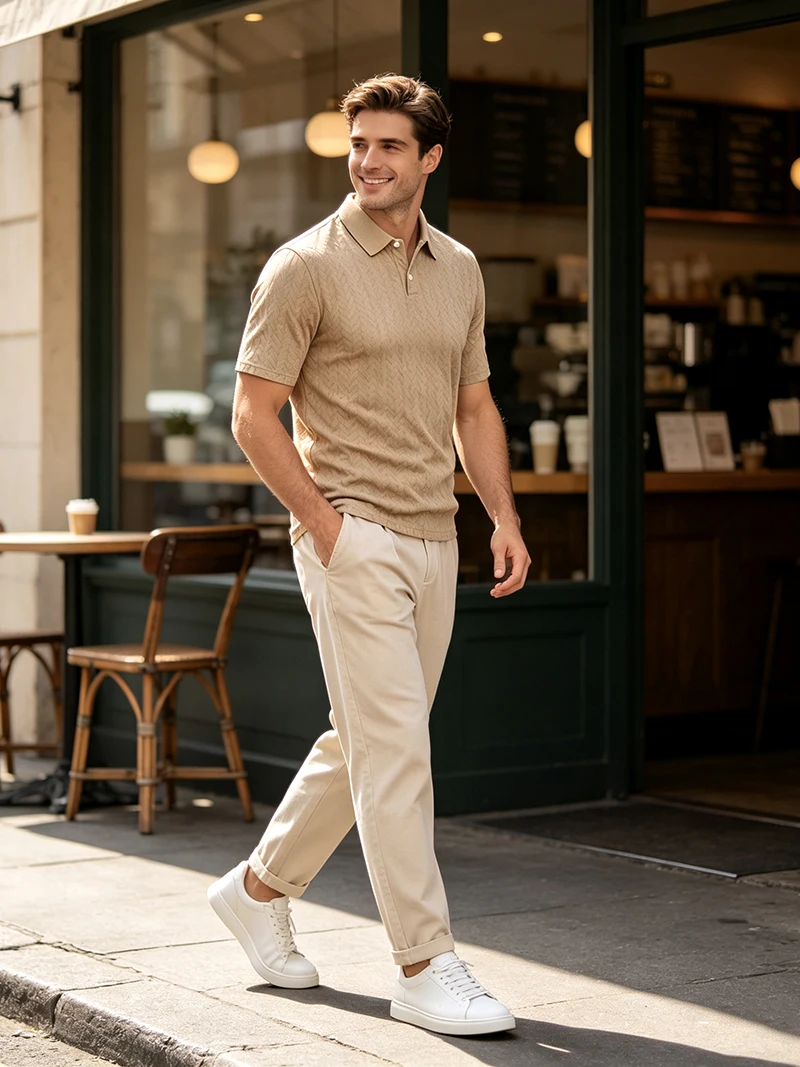 Herren-Poloshirt mit strukturiertem Jacquard-Muster, kurzärmelig, lockere Passform, vielseitig einsetzbar, für den Alltag, für den Urlaub, für die Freizeit, für den Sommer, Freizeitoberteile – Detail 15
