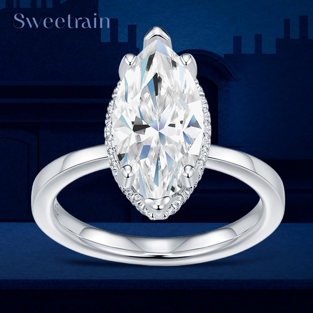 Real 925 Silver All Moissanite Wedding Ring GRA Certified 1CT-3CT Marquise Cut Moissanite Diamond Engagement Ring for Women
