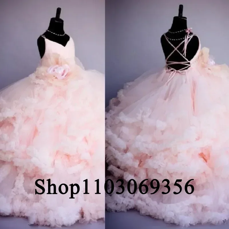 Vestidos florais rosa para meninas, babados, costas nuas, para casamento, crianças, baile, primeira comunhão, concurso, aniversário, gola v, em camadas