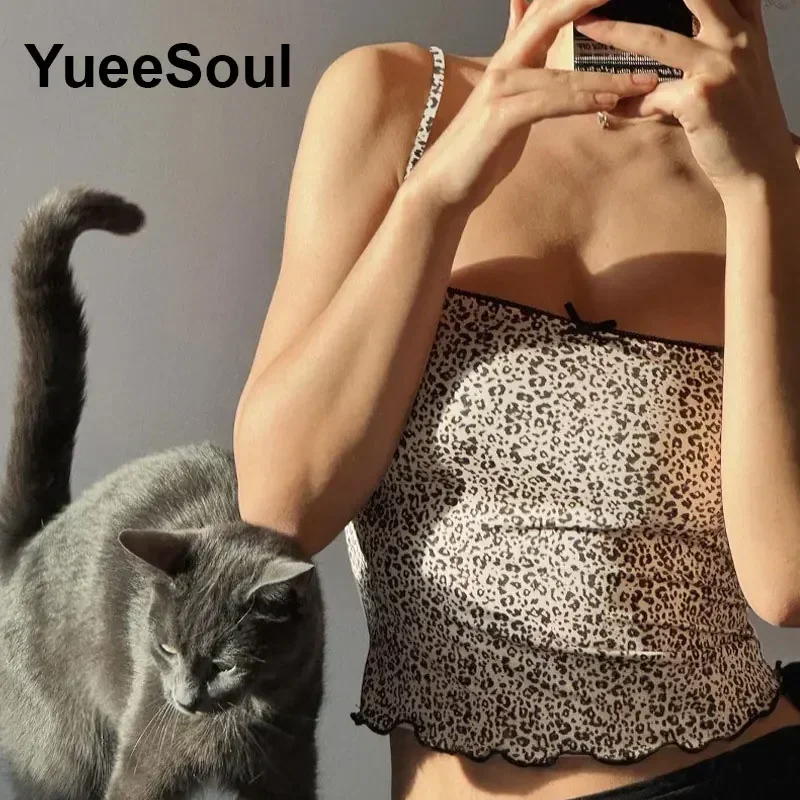 ليوبارد مثير المحاصيل القمم أكمام الخامس الرقبة سليم تانك القمم 2025 صيف جديد 2000s Y2K خمر شارع العليا كاميس ملابس امرأة