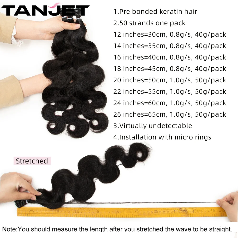 Extensões do cabelo humano de Microlink para mulheres negras, onda do corpo, eu derrubo, cápsula ondulada natural, italiana da queratina, micro