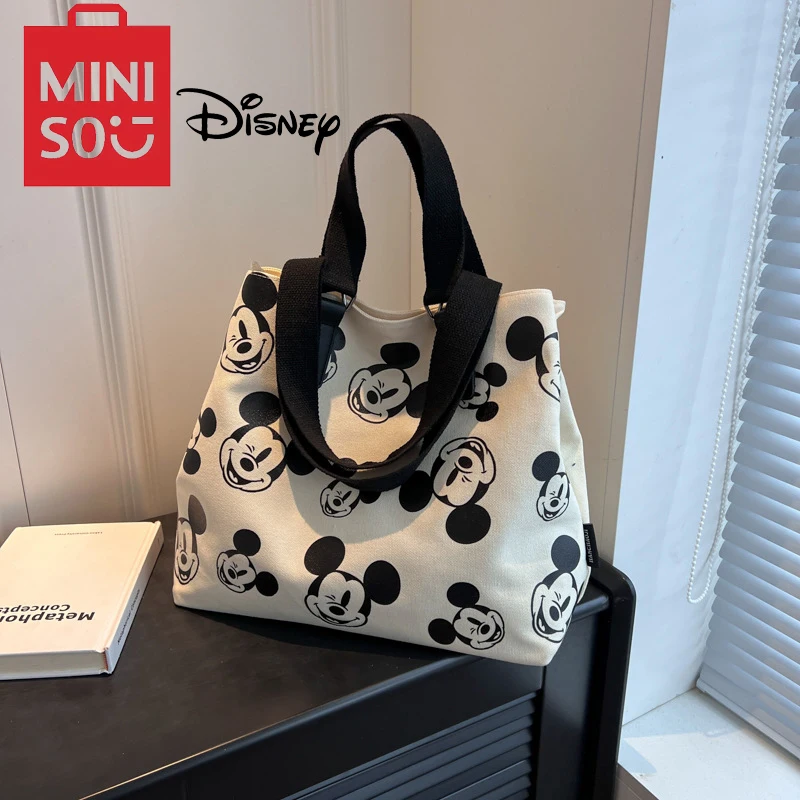 MINISO Disney Serie Cartoon Canvas Women's Bag Large Capacity Shoulder Cute Mickey Student Commuter Large Printed Casual Handbag