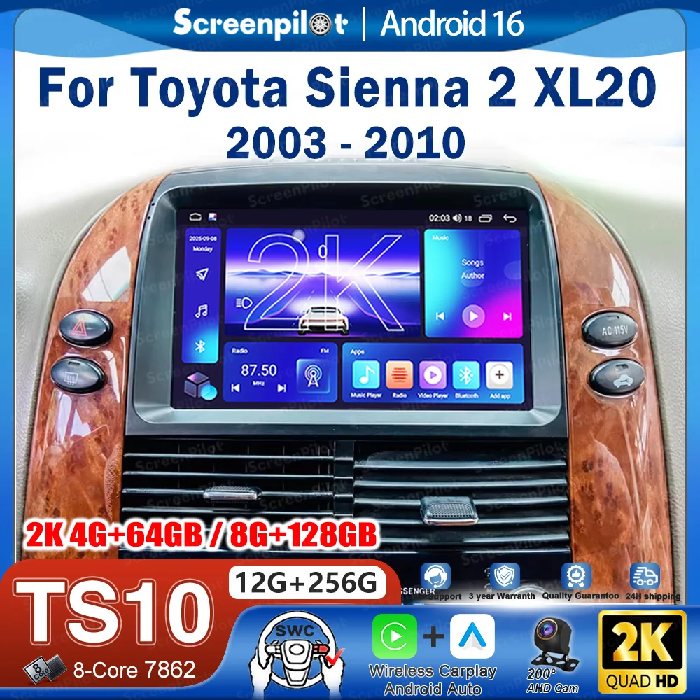 Radio Estéreo para Auto con Android 16 para Toyota Sienna 2 XL20 2003-2010, Reproductor Multimedia de Video, GPS, Navegación, Pantalla Táctil