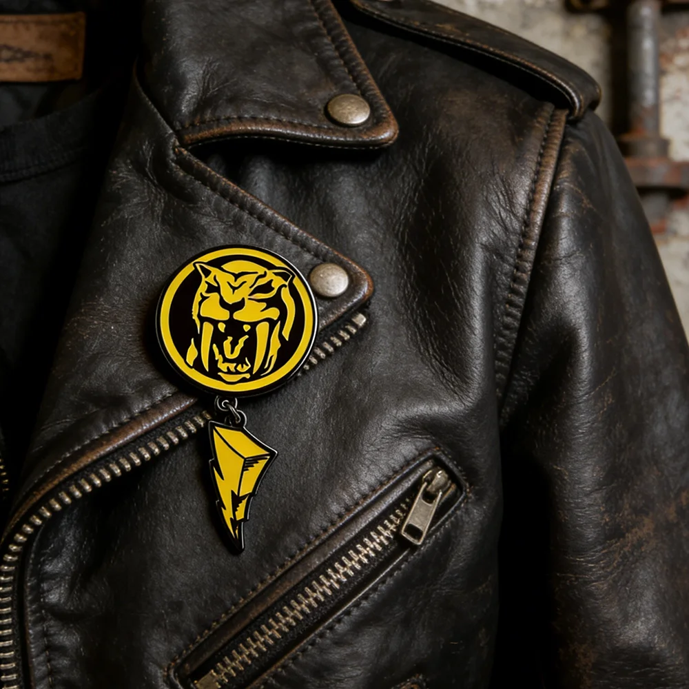 Mighty Morphin Power Rangers Yellow Ranger Enamel Pin Sabertooth Tiger Power Coin Brooch Lightning Bolt Pendant Metal Badge Gift