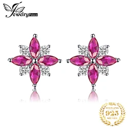 JewelryPalace Flower Cross Created Ruby 925 Sterling Silver Stud Earrings for Woman Statement Gemstone Jewelry Birthday Gift