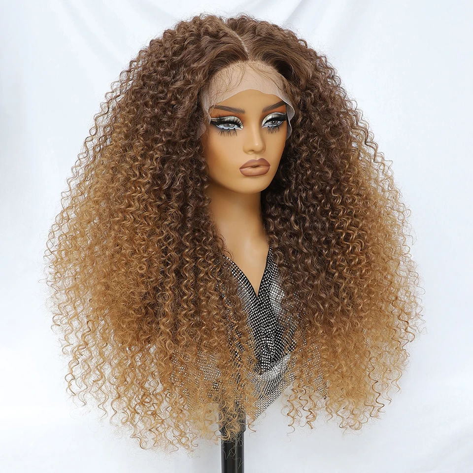 24 Inch Jerry Krul Synthetische Kant Pruiken Ombre Bordeaux Kinky Krullend Pruiken Voor Afro Vrouwelijke Zwarte Latisha Lace Front Pruiken voor Vrouw