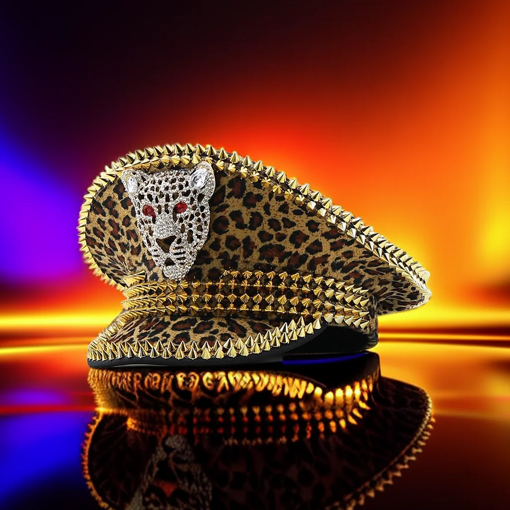 Hip Hop Women Sequin Burning rivet Leopard Military Hat Handmade Luxury Captain Sergeant Hat Rhinestone Bride Festival Part Hat