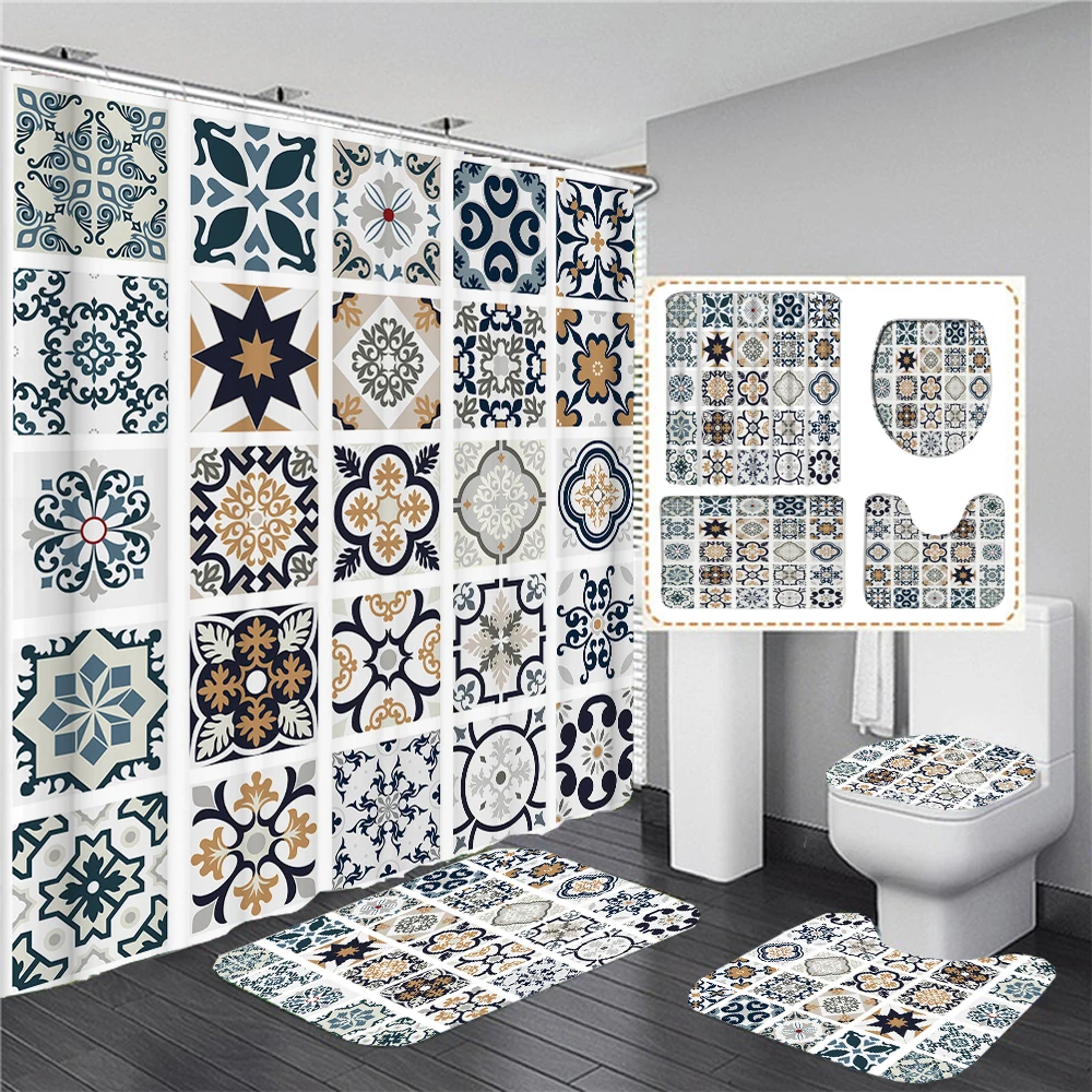 

Bohemian Mandala Fabric Printed Waterproof Shower Curtain Set Bath Curtain Toilet Cover Mat Non-slip Bath Rugs Bathroom Decor