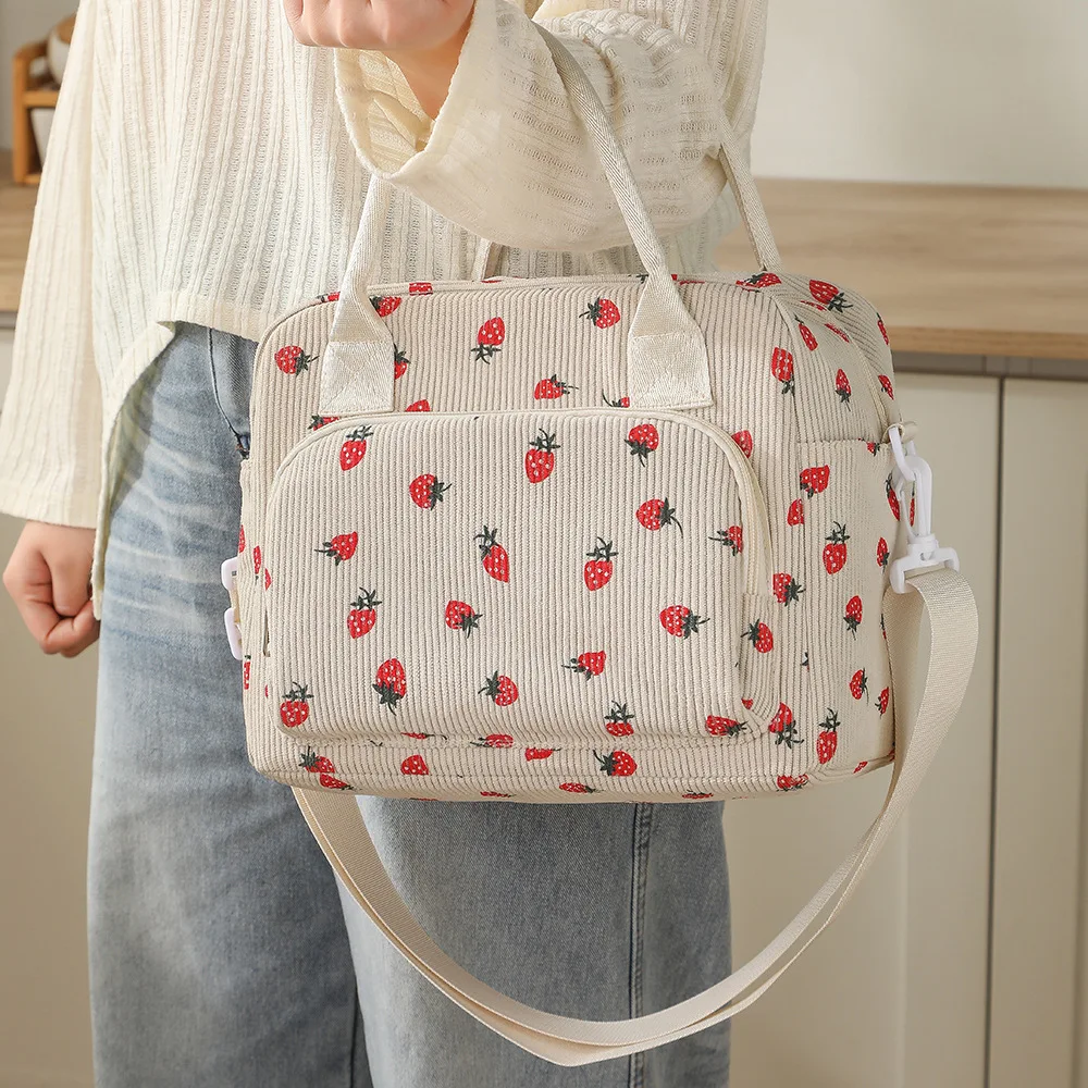 Women Large Corduroy Lunch Bag Strawberry Print Cooler Purse Thermal Insulated Tote Handbag Picnic Food Container For Ladies