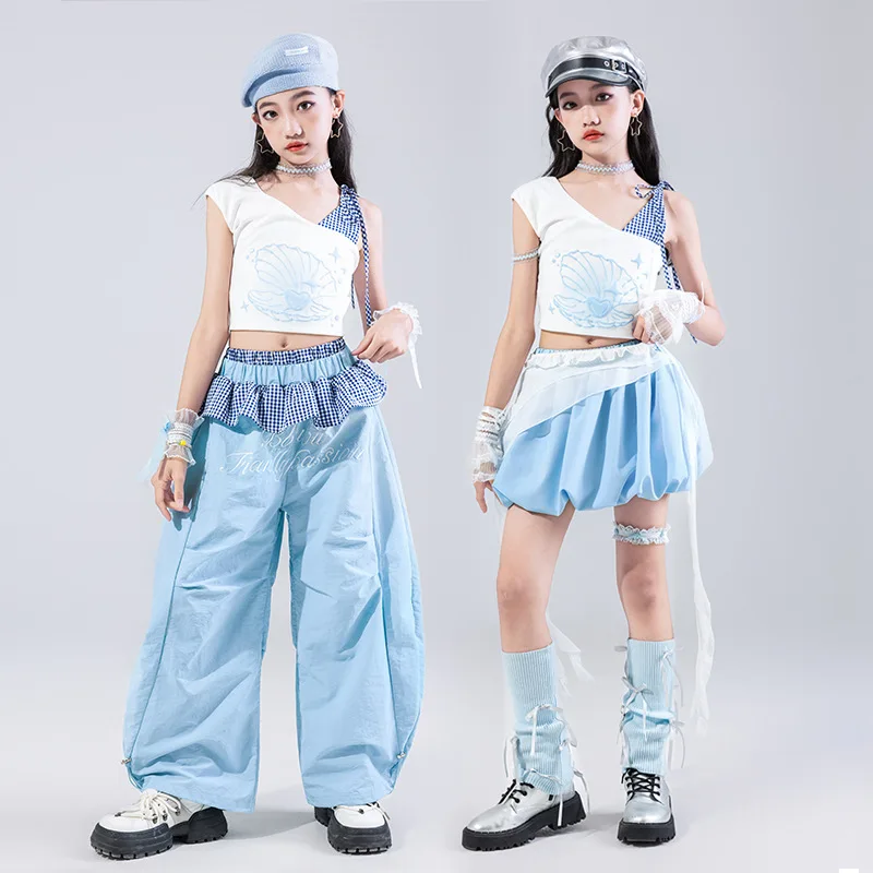 Girls Shell One Shoulder Top & Blue Cargo Long Pants Set Kids Hip Hop Kpop Jazz Street Dance Costume Girl Group Stage Outfit