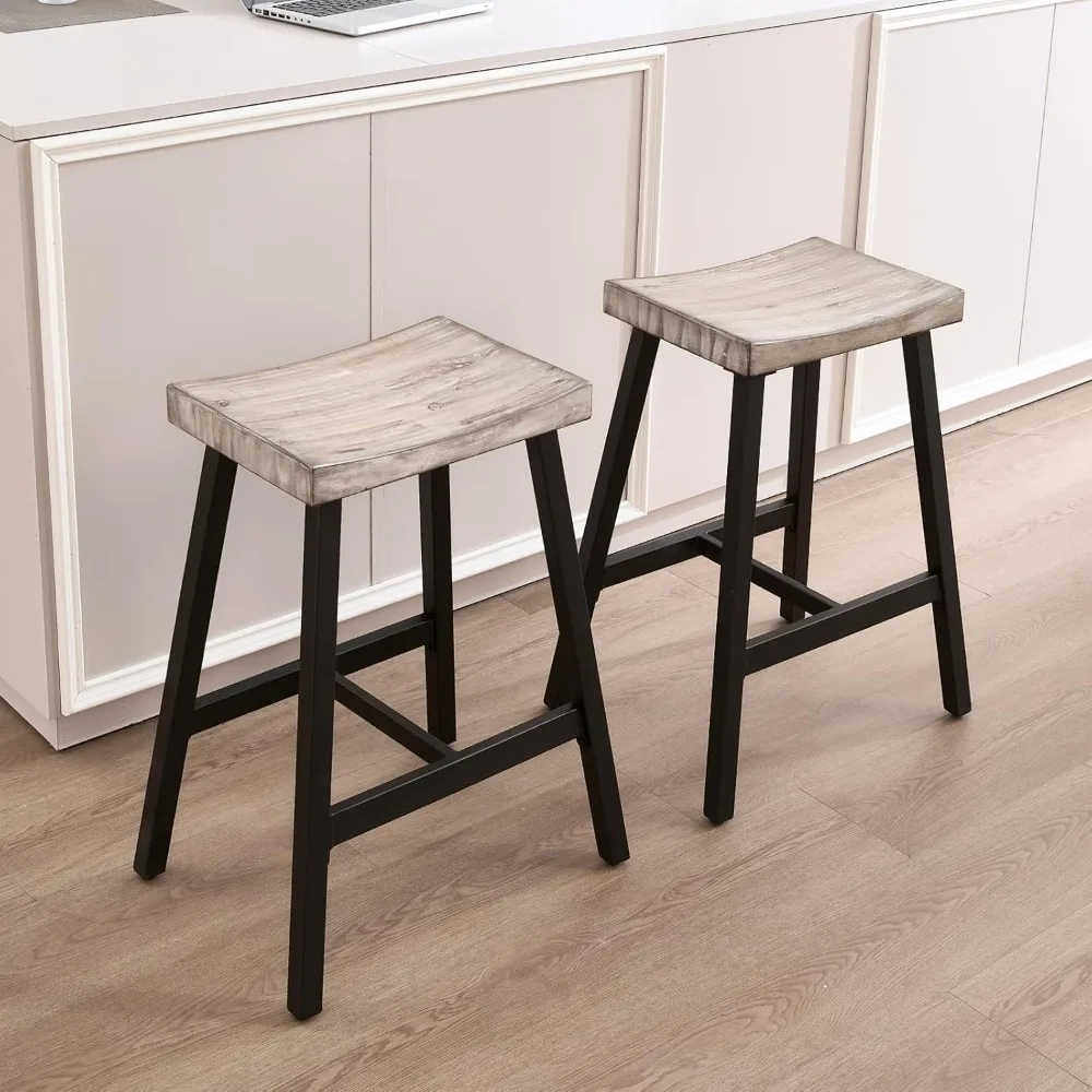 

26" Metal Bar Stools Set of 2, Industrial Vintage Saddle Counter Height Bar Stools with Curved Wood Seat, Rustic Backles