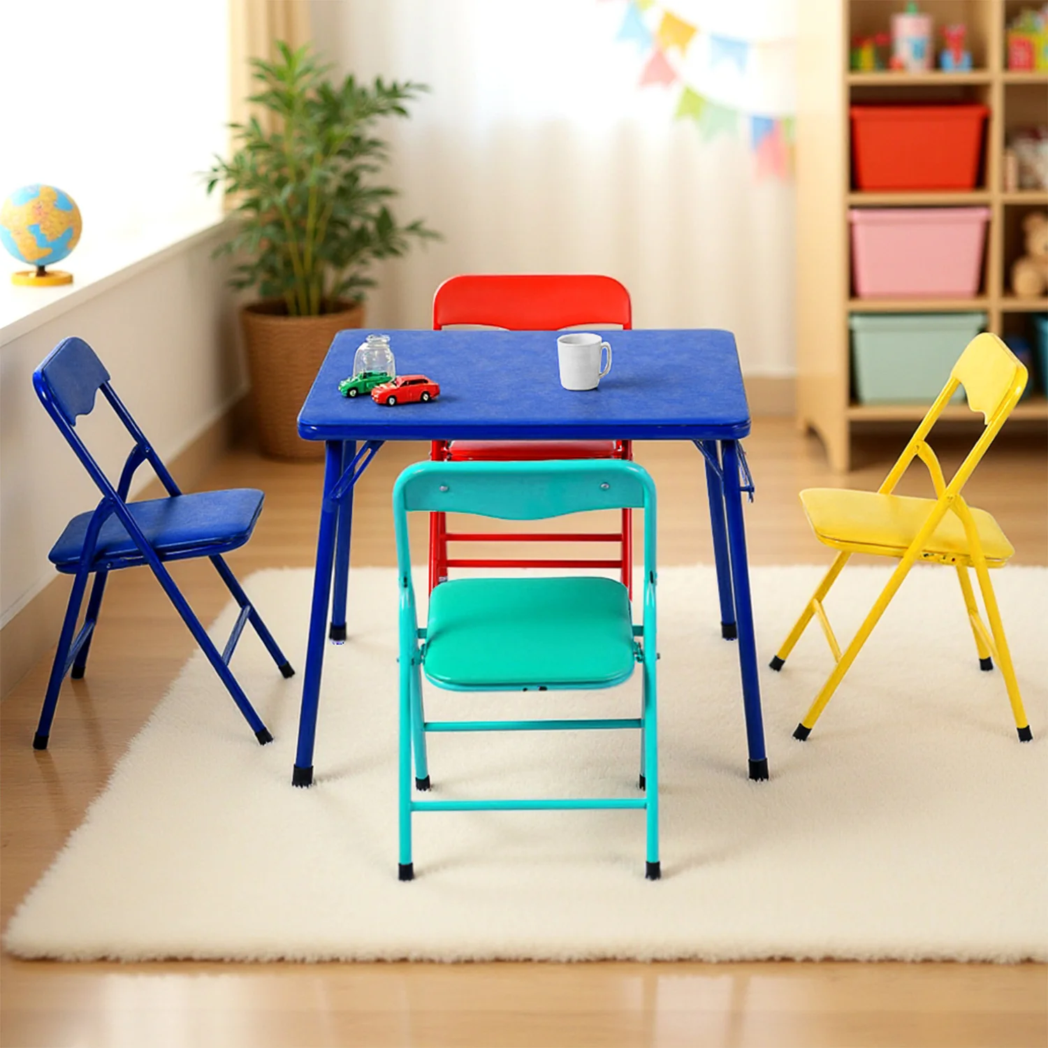 

Multicolor Folding Set - 24" Table with 4 Small Folding Chairs, Fun and Safe Design, Metal Construction, Portable for Indoor and Outdoor Use, Stackable for Space Efficiency, Durable and Comfortable, Perfect for Playroom