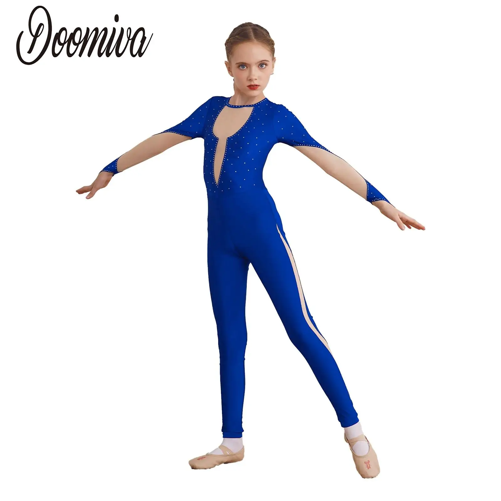 

Kids Girls Shiny Gymnastics Unitard Ballet Dance Costumes Long Sleeve Back Keyhole Mesh Patchwork Skating Jumpsuit Performance