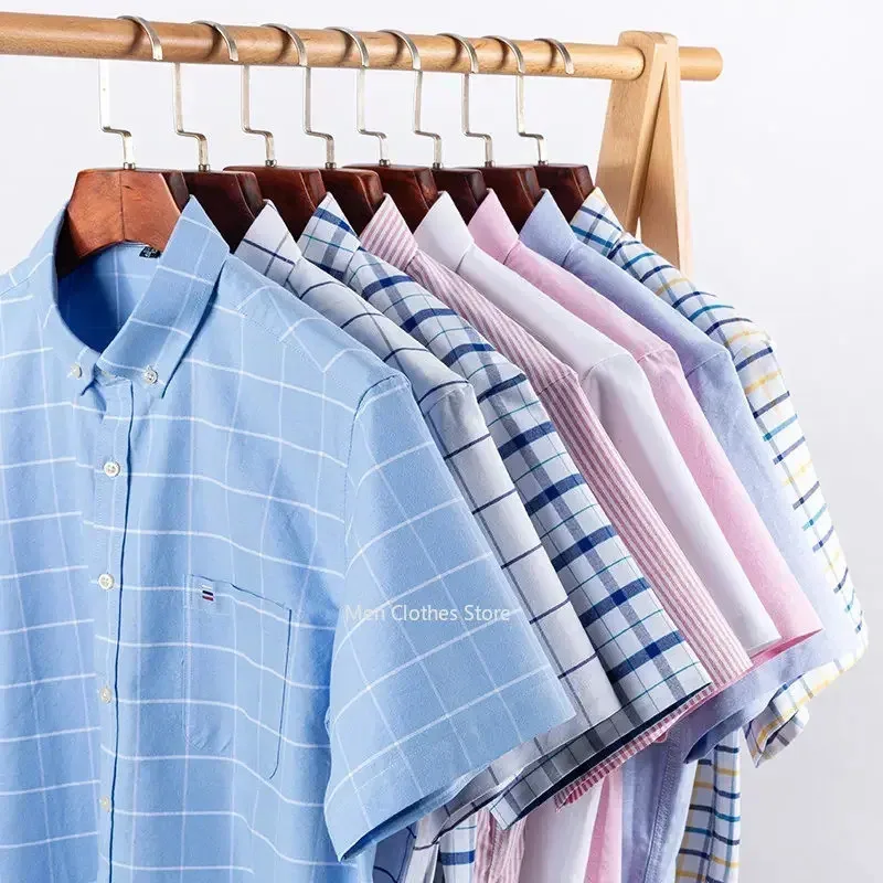 Pure Cotton Men's Oxford Short Sleeve Square Collar Soild Plaid Striped Summer Casual Shirts Single Pocket  Shirt