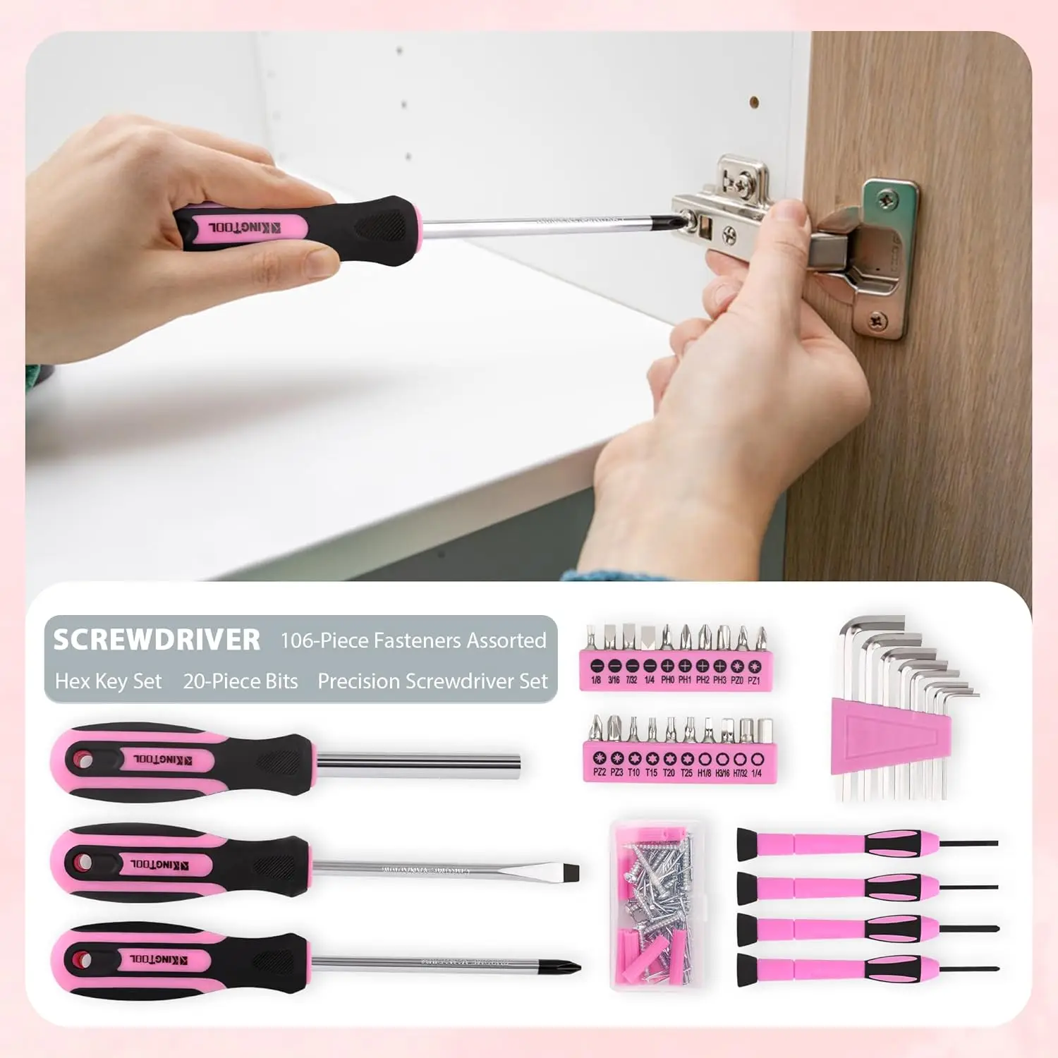 KingTool-Kit de herramientas rosa para reparación del hogar, conjunto básico de herramientas pequeñas con caja de plástico, perfecto para mujer y oficina, 149 piezas