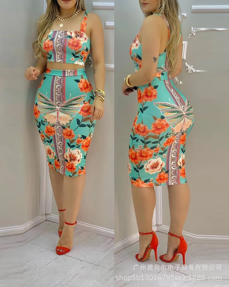 

Two Piece Set Women Outfit Summer Butterfly Floral Print Square Neck Sleeveless Crop Vest & Casual High Waist Skinny Skirt Set