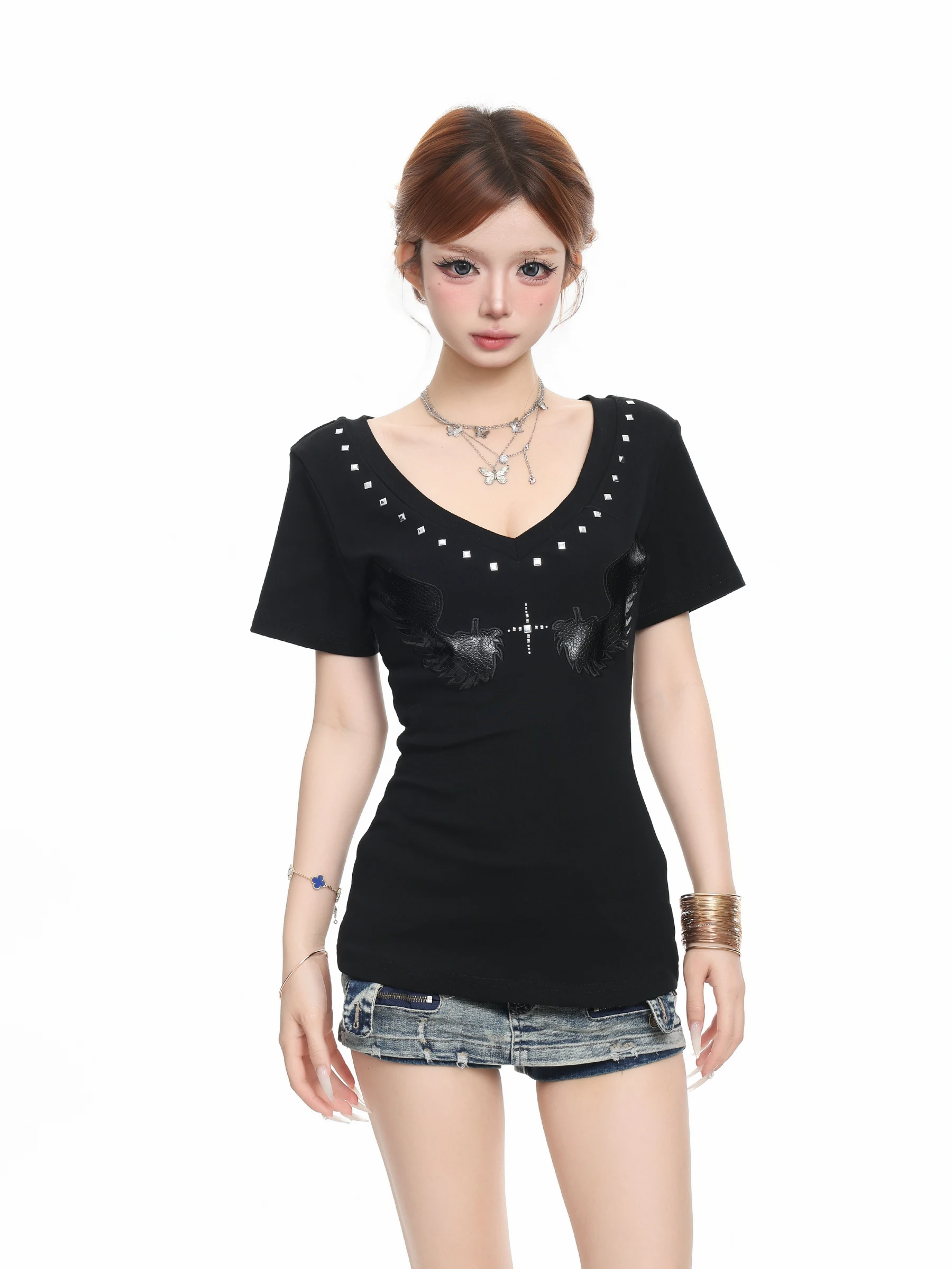Basterds American Style Hot Girl Short Sleeve T-Shirt Women Summer Rivet Wing Embroidery Slimming Short Length Top