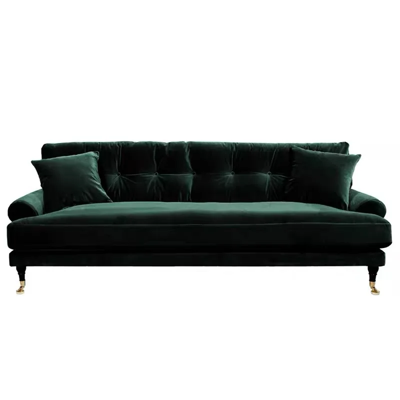 Customizable three-person sofa down filled removable washable American retro yellow style velvet dark green sofa