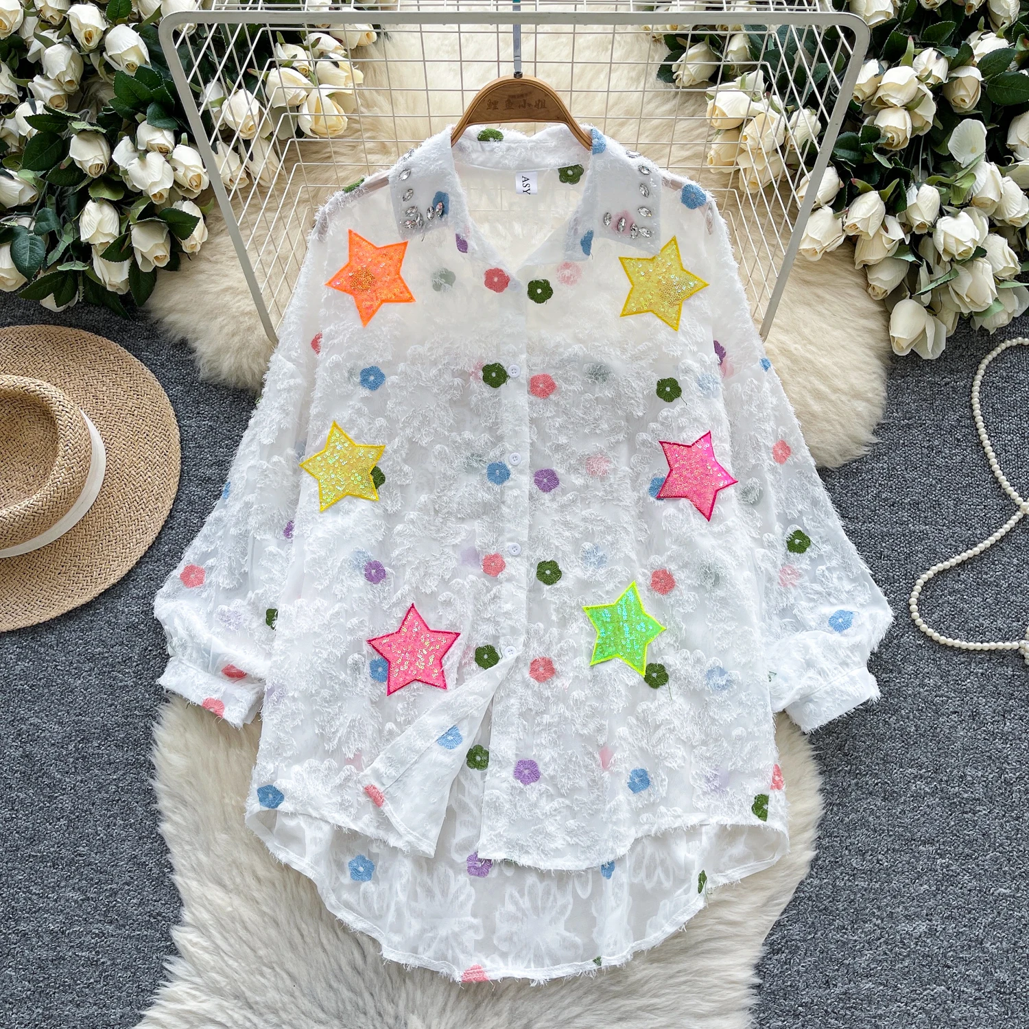 

Chic vintage sequin mesh long sleeve Elegant Fashion Sexy Shirt High Street Women Blouse women clothing