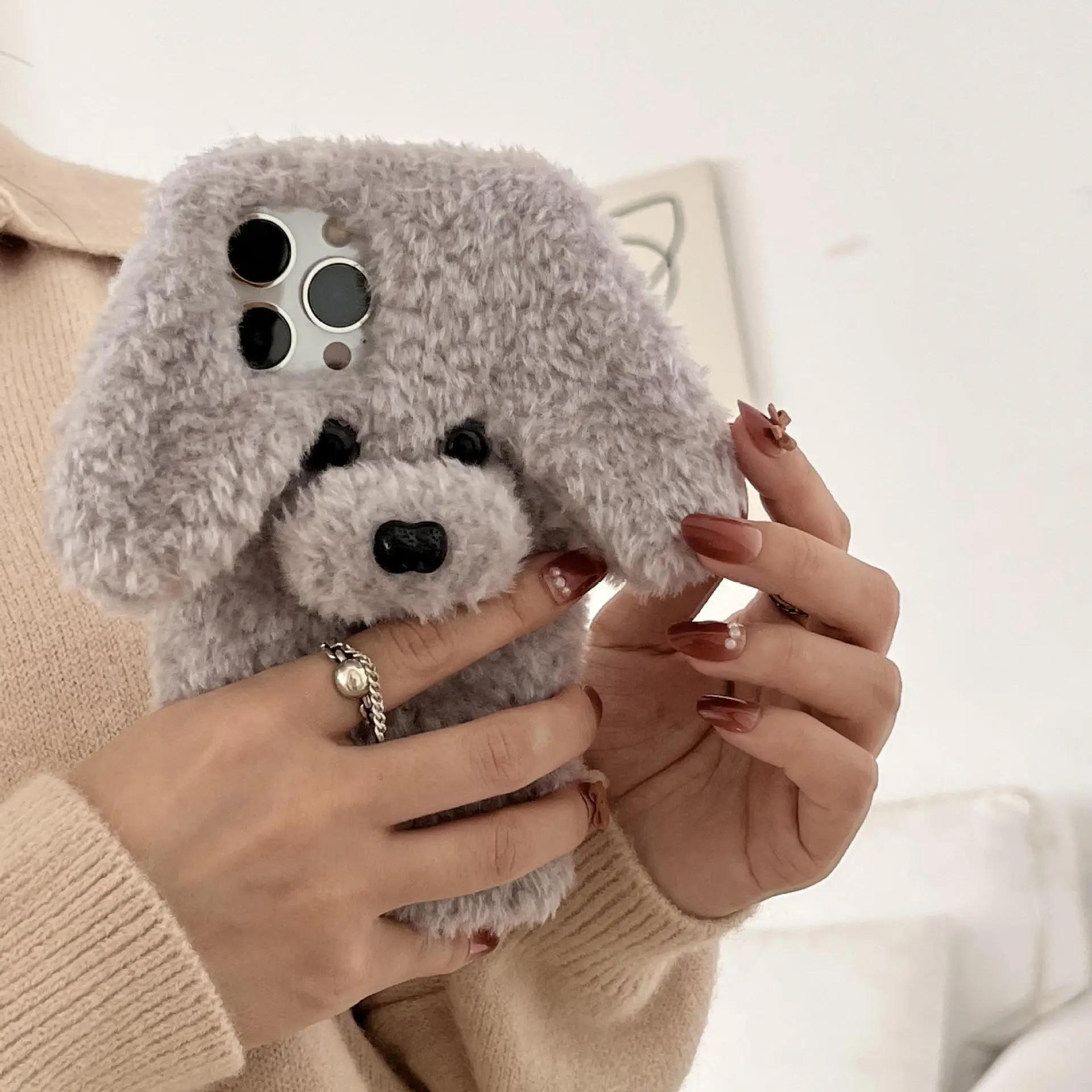Funny Dog Plush Phone Case for IPhone 12 Pro Max 14 13 11 X XS XR 8 7 6 6S Plus SE 2020 5S Cute Warm Winter Fur Covers Case