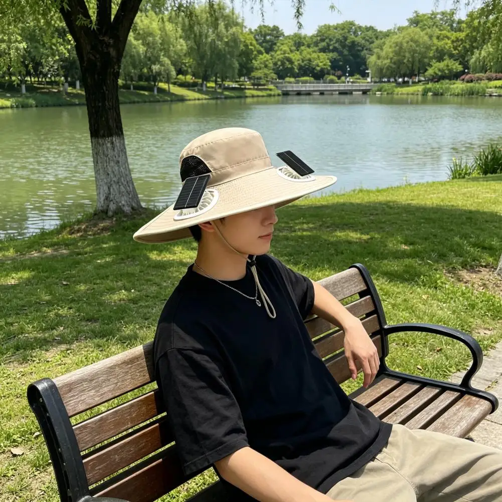 Solar Fan Bucket Hat Adjustable Wide Brim Sun Hat with Built-in Solar Panel Cooling Fan Hiking Fishing UV Protection Hat