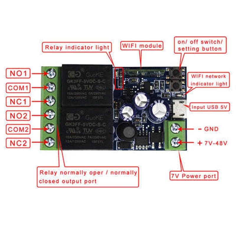 PHILE-WIFI Smart Switch DC 12V 24V 48V Module 2 Channel Relay Receiver Wireless Remote Control Work USB