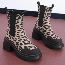 2024 Brand Women's Shoes Leopard Print Women's Boots Fashion Slip-on Modern Boots Women Hot Sale Round Toe Mid-Calf Shoes Female