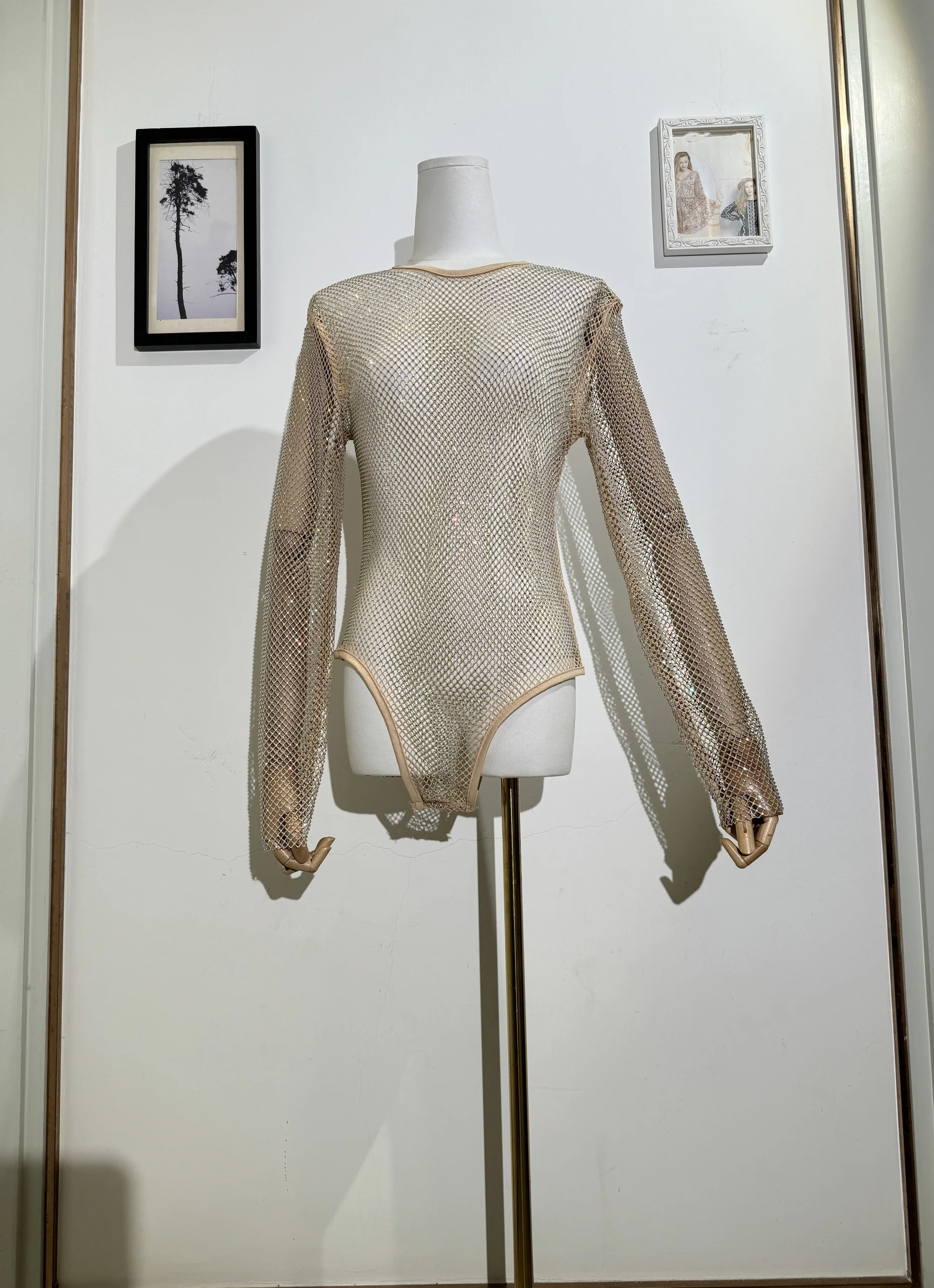 

H80&S90 New Sexy&Club Women Bling Bling Rhinestone Mesh See Through Fashion Diamond Long Sleeve Bodysuit Lingerie Swim Beachwear