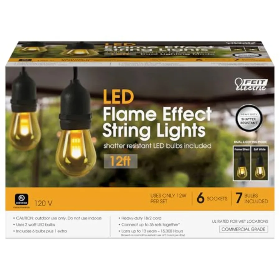 LED String Lights with Flame Bulbs Effect, Commercial Grade and Shatter Resistant String Lights,,Linkable, 15, 000-Hour Lifetim