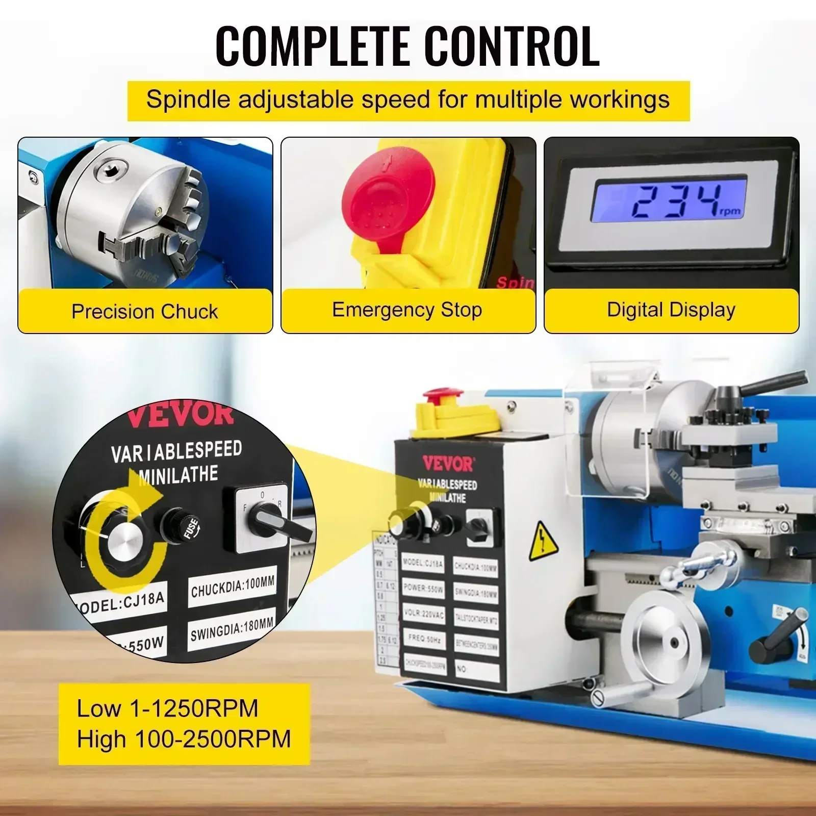 เครื่องกลึงโลหะขนาดเล็ก VEVOR 7x14 นิ้ว 550 วัตต์ สำหรับงานกลึงเกลียวโลหะ ความแม่นยำสูง หัวจับ 3 ขา 4 นิ้ว สำหรับวัตถุทรงเหลี่ยมและทรงกลม