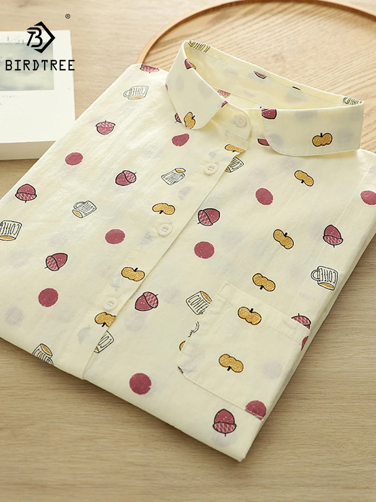 

New 2026 Summer Women Cotton Short Sleeve Shirt, Turn-down Collar Cartoon Print, Mori Girl OL Sweet Thin Loose Blouse T64889CC