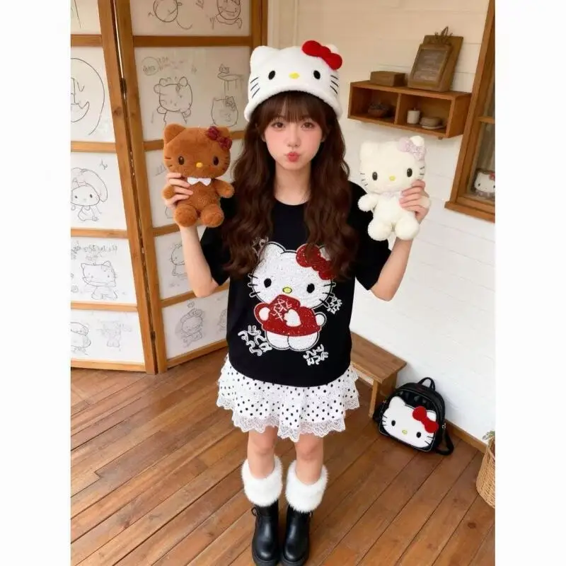 Cute Short-Sleeved Hello Kitty Summer New Style Cartoon Sequined Towel Embroidered T-Shirt for Women Popular Tops Fashionabl view 2