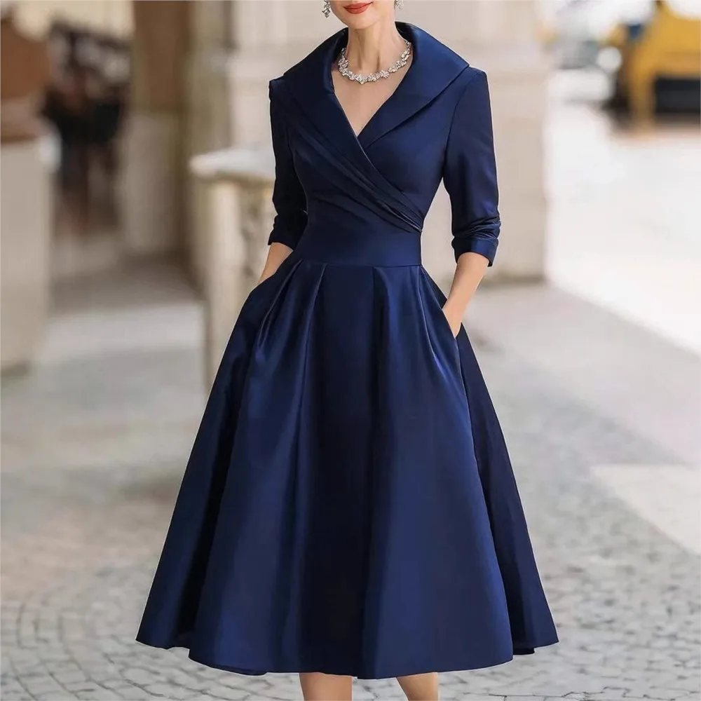 

Office Lady Slim A-Line Dress Women 2025 Autumn Winter Fashion Long Sleeve Turn-down Collar Maxi Dresses Elegant Vestidos Robe