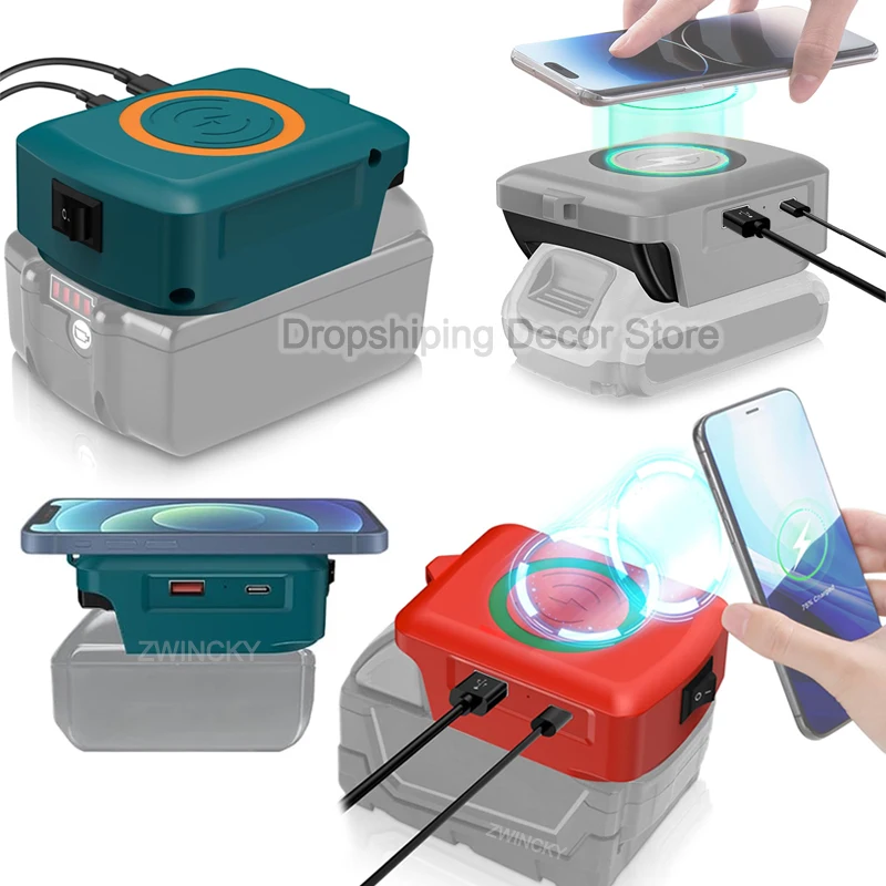 

Wireless Charger Adapter For Makita/Dewal/Milwaukee 18V 20V Lithium Battery Wireless Charger With USB Type C output Port