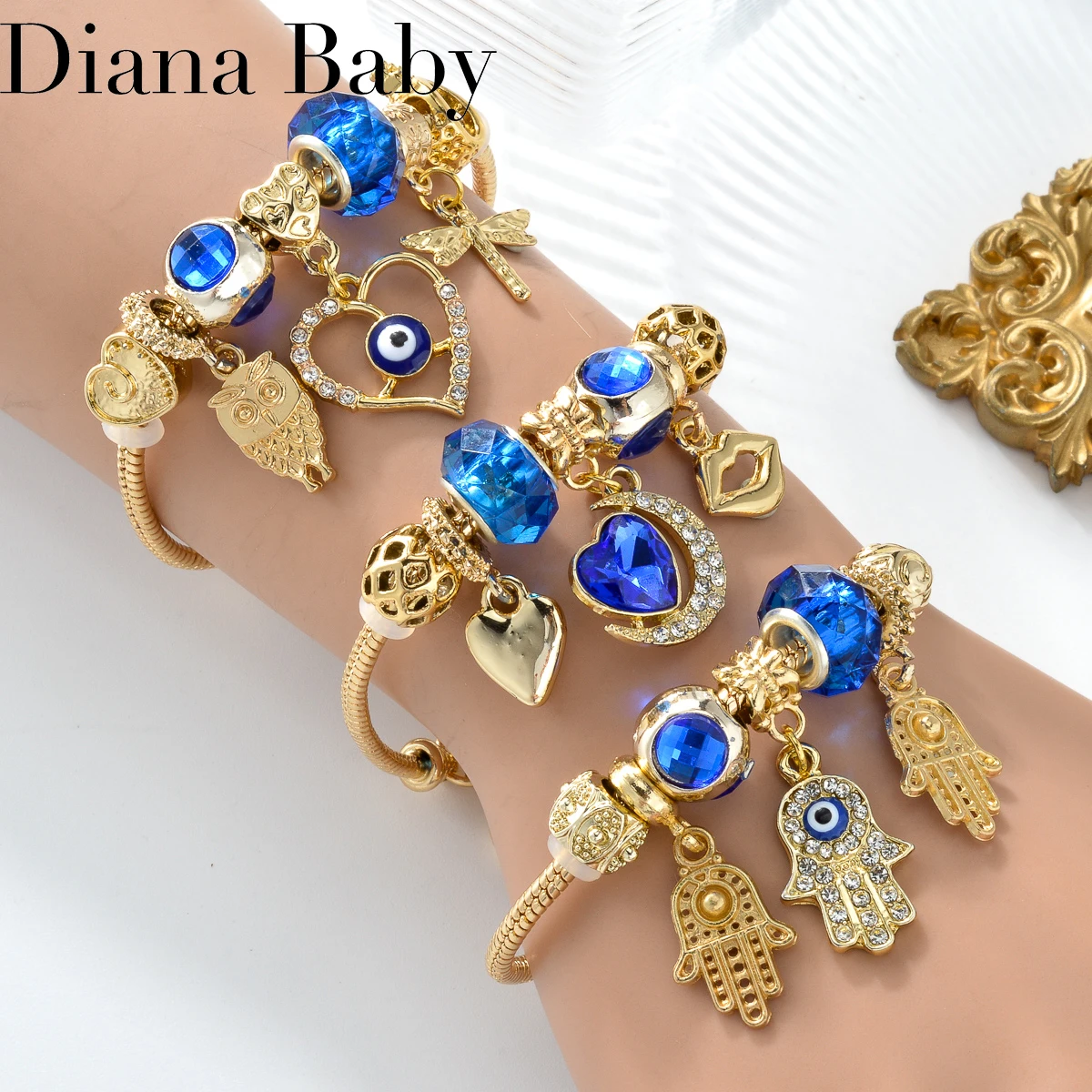 

Stainless Steel Gold Color Bracelet Pandora Bracelets For Women Girls Blue Crystal Zircon Evil Eye Charm DIY Jewelry Production