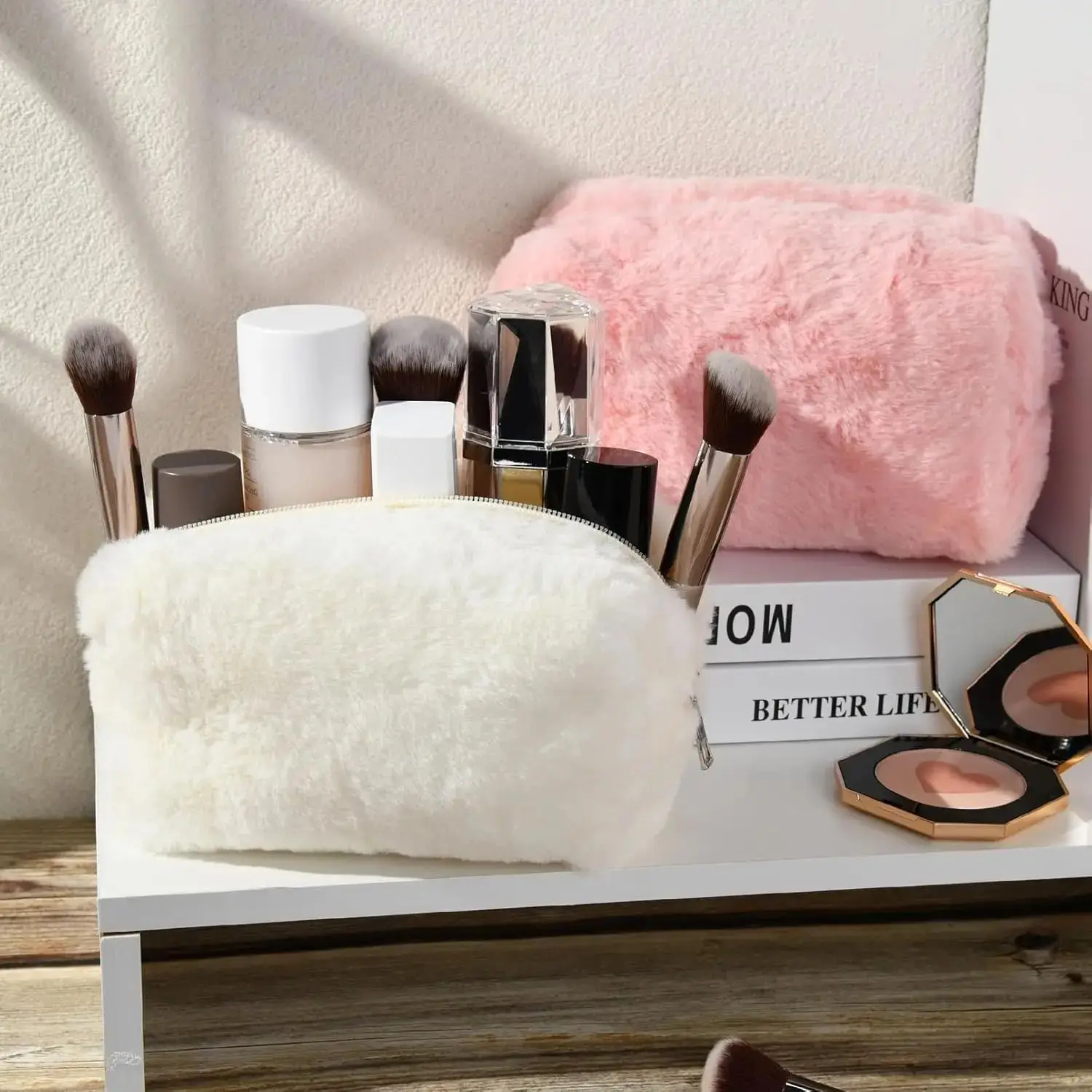 Makeup Bag Cute Cosmetic Bag Plush Pink White Makeup Pouch Travel Toiletry Bag Organizer Puffy Storage Bag for Women view 3