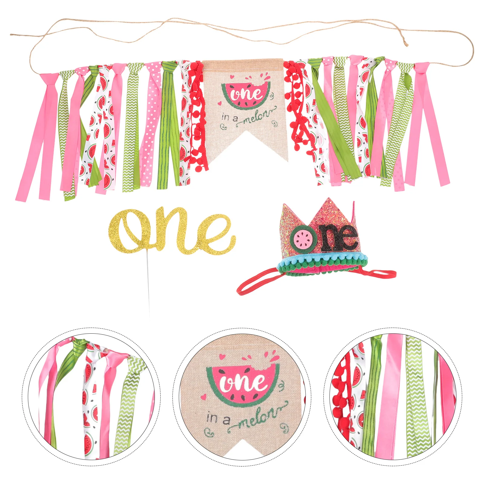 

1Set Birthday Banner Set 1st Birthday Party Decor Linen Flag Cake Toppers Headwear Supplies Decorative