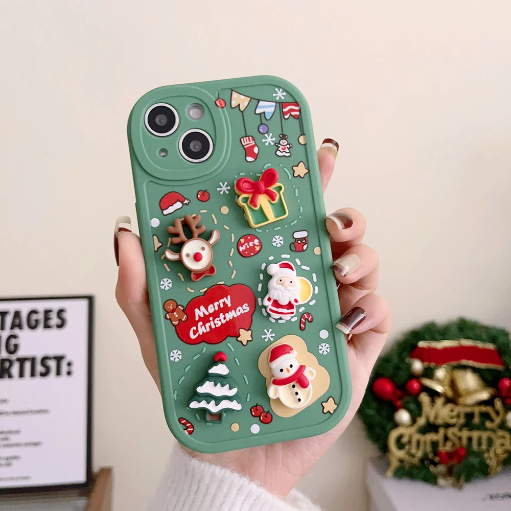 3D Merry Christmas Santa Tree Cute Phone Case for iphone 14 Plus 13 Pro Max 12 11 X XS XR Soft Cartoon Cover New Years Gift