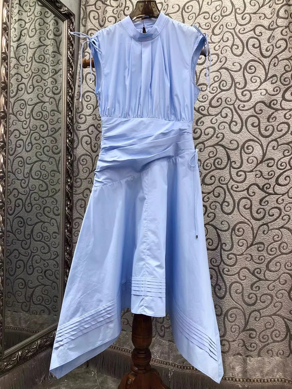

100%Cotton Dress 2026 Spring Summer Fashion Women Stand Neck Drawstring Shoulder Sexy Asymmetrical Style Dress Blue Beige Black