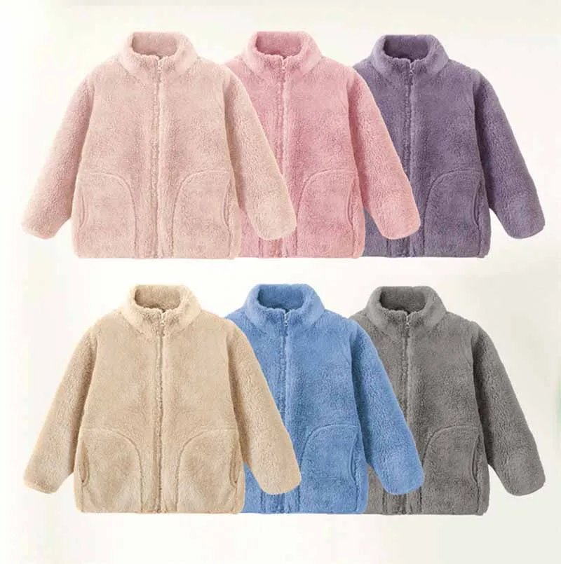 Winter Kids Fleece Jackets Autumn Boys Girls Thick Warm Outerwear  Children Solid Zipper Thermal Coat Clothes 4-14 Years