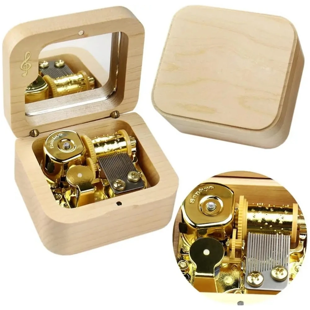 Wooden Music Box 18 Tone Clockwork Musical Box with Mirror Maple Wood Romeo and Juliet Little Star Birthday Gifts for Girlfriend